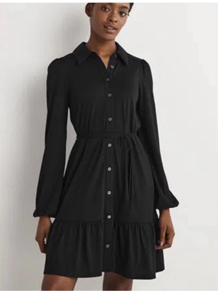 Boden Euc Navy Button-Front Tiered Hem Long-Sleeve Shirt Dress 10